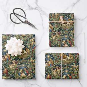 Vintage Floral Nativity on Midnight Blue Wrapping Paper Sheet