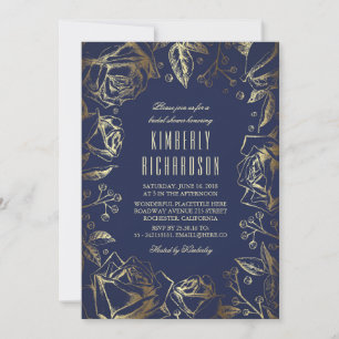 Vintage Floral Navy and Gold Bridal Shower Invitation