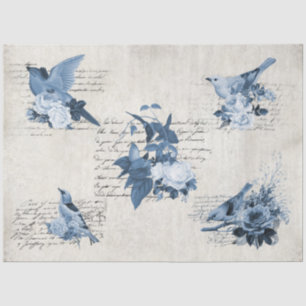 Vintage Floral Navy Blue Birds Antique Decoupage Tissue Paper