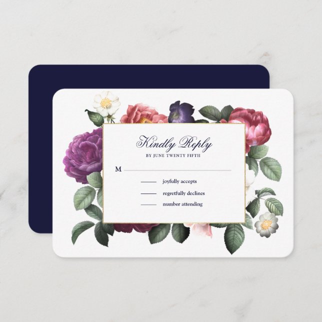 Vintage Floral Navy Blue RSVP Card (Front/Back)
