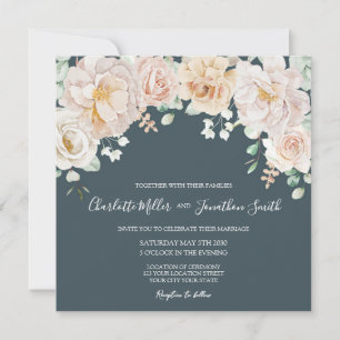 Vintage Floral Navy Blue Wedding Invitations