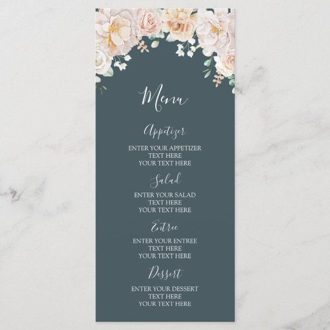 Vintage Floral Navy Blue Wedding Menu (Front)