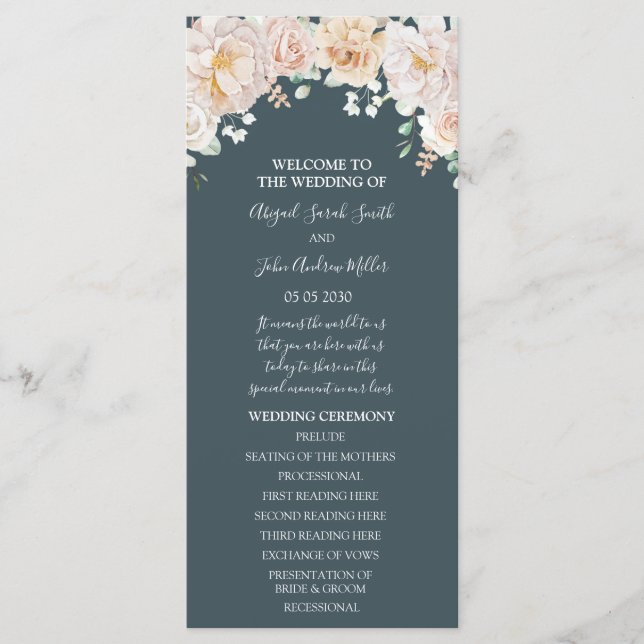 Vintage Floral Navy Blue Wedding Program Programme (Front)