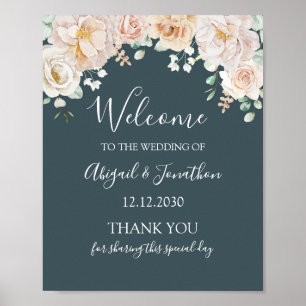 Vintage Floral Navy Blue Wedding Welcome Poster