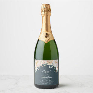 Vintage Floral Navy Blue Wedding Wine Label