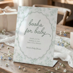 Vintage Floral Neutral Sage Books for Baby Shower Pedestal Sign