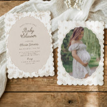 Vintage Floral Neutral Tan Scalloped Baby Shower