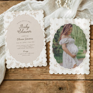 Vintage Floral Neutral Tan Scalloped Baby Shower Invitation
