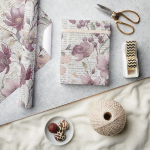 Vintage Floral Newspaper Pattern Wrapping Paper