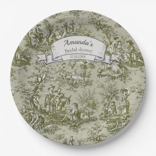 Vintage floral olive green toile de jouy shower  paper plate