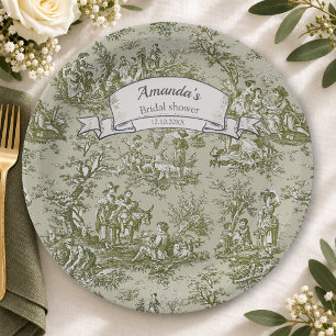 Vintage floral olive green toile de jouy shower paper plate