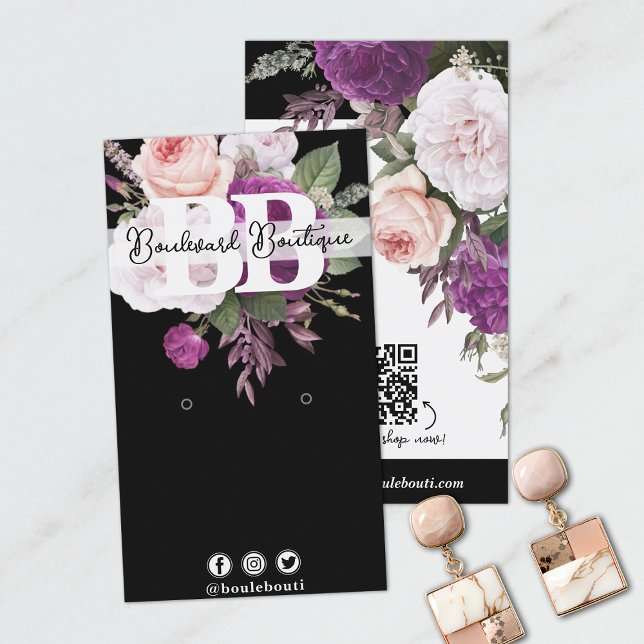 Vintage Floral on Black Earring Jewellery QR Code Business Card (Creator Uploaded)
