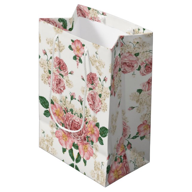 Vintage Floral on White Medium Gift Bag (Front Angled)