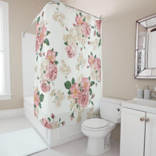 Vintage Floral on White Shower Curtain (In Situ)