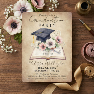 Vintage Floral Open Book and Cap Graduation Party Invitation