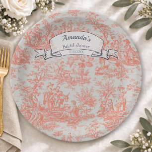 Vintage Floral Orange Toile de Jouy Bridal Shower Paper Plate