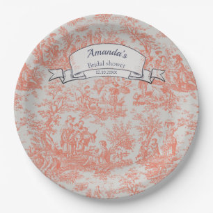 Vintage floral orange toile de jouy shower  paper plate
