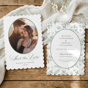 Vintage Floral Oval Sage Green Photo Wedding Save The Date