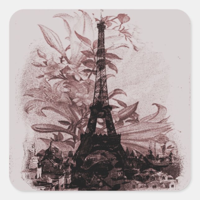 Vintage Floral Paris Eiffel Tower Custom Square Sticker (Front)