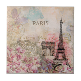 Vintage Floral Paris Eiffel Tower Ephemera Tile