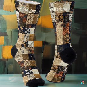 Vintage Floral Patchwork – Custom Navy & Beige Socks