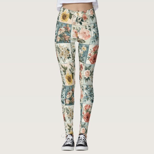 Vintage Floral Patchwork Style Design Leggings (Front)