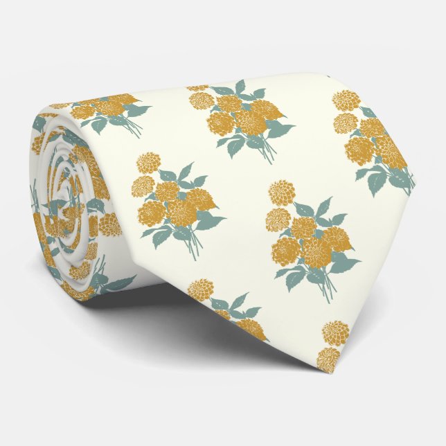 Vintage Floral Pattern Autumn Mustard Yellow Tie (Rolled)