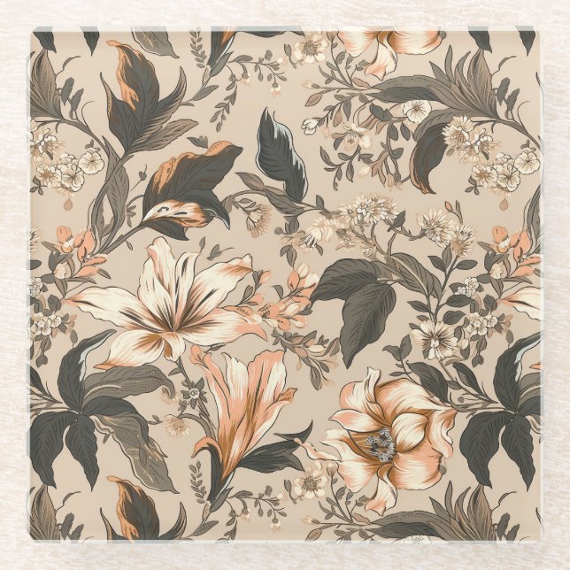 Vintage Floral Pattern Glass Coaster (Front)