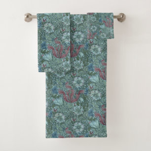 Vintage Floral Pattern Green Blue Red White Bath Towel Set