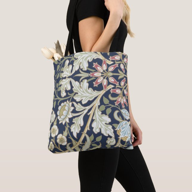 Vintage Floral Pattern on Blue Tote Bag (Close Up)