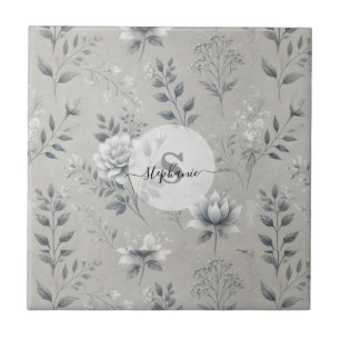 Vintage Floral Pattern on Rustic Gray Background Tile