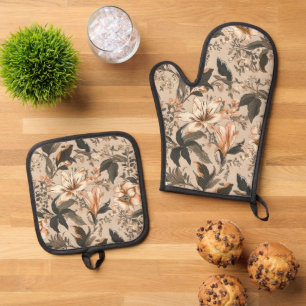 Vintage Floral Pattern Oven Mitt & Pot Holder Set
