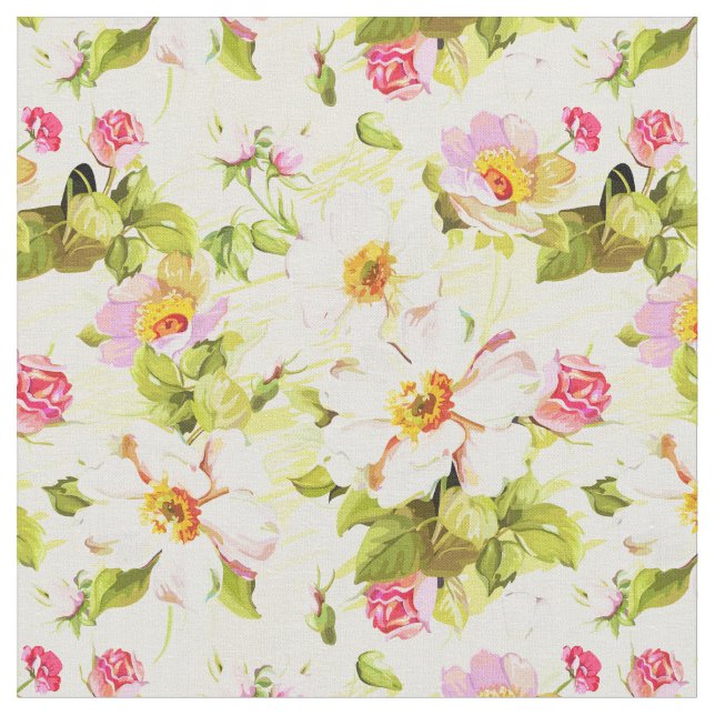 Vintage Floral Pattern Peonies Old Roses Fabric (Close Up)