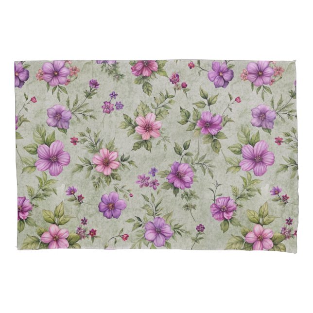 Vintage Floral Pattern Pillowcase Set - Soft Green (Front-Left)