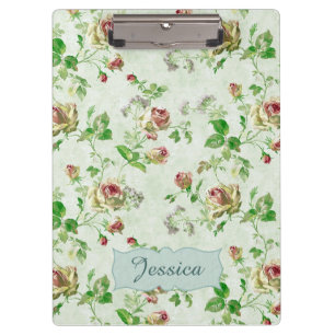Vintage Floral Pattern Pink Roses Personalised Clipboard