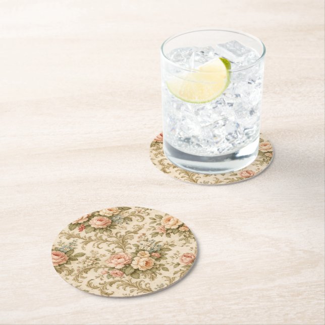 Vintage Floral Pattern Wallpaper  Round Paper Coaster (Insitu)