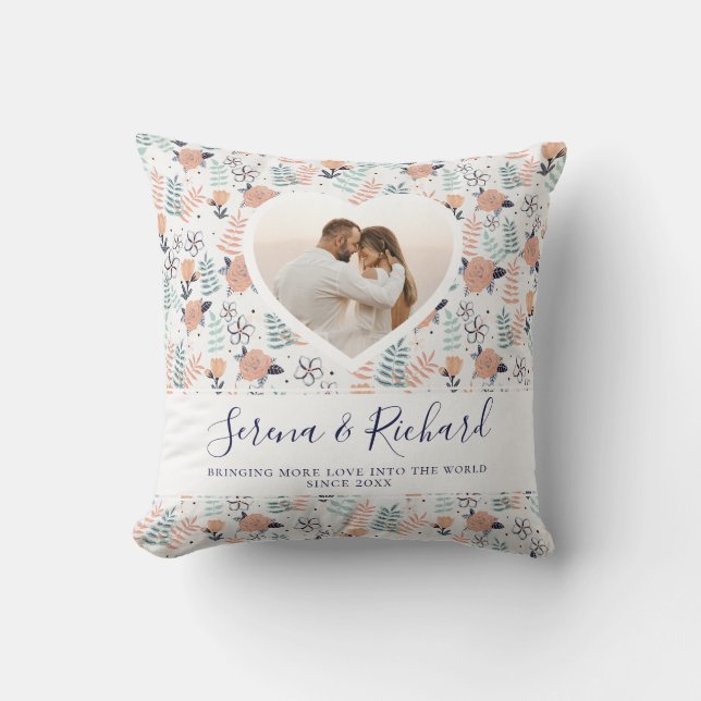 Vintage Floral Pattern Wedding Anniversary Photo Cushion (Front)