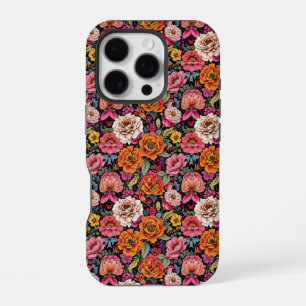 Vintage floral pattern with bold colours on black iPhone 16 pro case