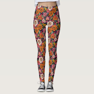 Vintage floral pattern with bold colours on black leggings