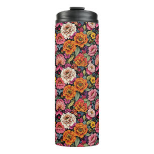 Vintage floral pattern with bold colours on black thermal tumbler