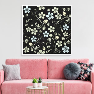 Vintage Floral Pattern with Ladybugs on Black Canvas Print