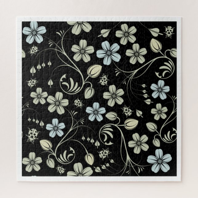Vintage Floral Pattern with Ladybugs on Black Jigsaw Puzzle (Vertical)