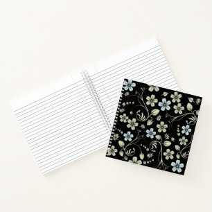Vintage Floral Pattern with Ladybugs on Black Notebook