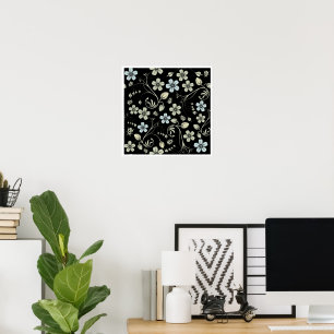 Vintage Floral Pattern with Ladybugs on Black Poster
