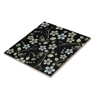 Vintage Floral Pattern with Ladybugs on Black Tile