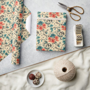 Vintage Floral Pattern with Red and Teal Flowers Wrapping Paper