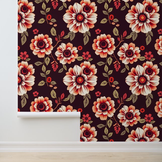 Vintage Floral Pattern with Red Blossoms Wallpaper (Application)