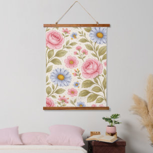 Vintage Floral Pattern with Roses and Daisies Hanging Tapestry