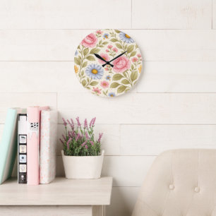 Vintage Floral Pattern with Roses and Daisies Large Clock