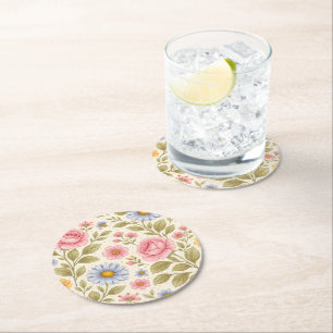 Vintage Floral Pattern with Roses and Daisies Round Paper Coaster